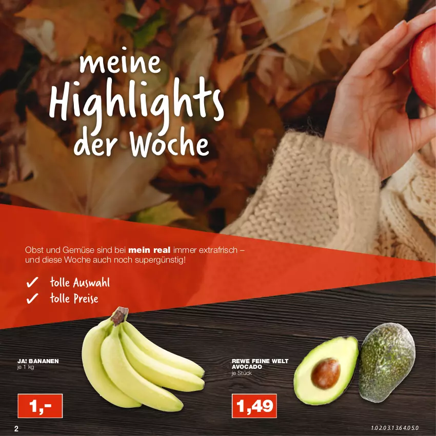 Aktueller Prospekt Real - von 17.10 bis 22.10.2022 - strona 2 - produkty: avocado, banane, bananen, obst, Obst und Gemüse, rewe feine welt, Ti, und gemüse