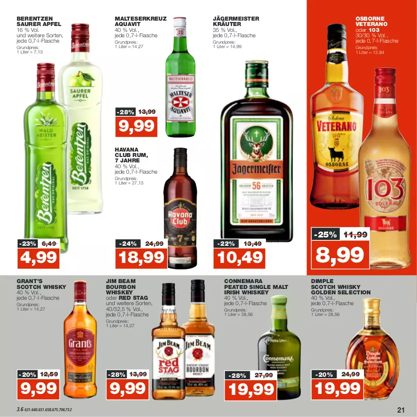 Aktueller Prospekt Real - von 17.10 bis 22.10.2022 - strona 21 - produkty: apfel, aqua, aquavit, berentzen, bourbon, bourbon whiskey, eis, flasche, Germ, Havana Club, irish whiskey, jägermeister, jim beam, kräuter, malteser, Meister, osborne, reis, rum, scotch, scotch whisky, single malt, Ti, veterano, whiskey, whisky