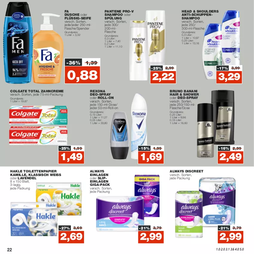 Aktueller Prospekt Real - von 17.10 bis 22.10.2022 - strona 22 - produkty: Alwa, Always, bruno banani, colgate, colgate total, creme, deo, Discreet, dusche, eis, flasche, hakle, hakle toilettenpapier, Kamill, kamille, lavendel, LG, pantene, pantene pro-v, papier, pro-v, reis, rexona, roll-on, Seife, shampoo, shampoo oder spülung, slip, slipeinlagen, spülung, Ti, toilettenpapier, zahncreme