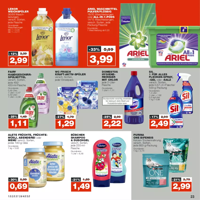 Aktueller Prospekt Real - von 17.10 bis 22.10.2022 - strona 23 - produkty: ariel, ariel waschmittel, Brei, bübchen, domestos, duschgel, eis, fairy, flasche, früchte, geschirr, geschirrspülmittel, kraft, lenor, lenor weichspüler, müsli, Pods, purina, reiniger, reis, salz, shampoo, spülmittel, Ti, Trockennahrung, waschmittel, wc frisch, weichspüler