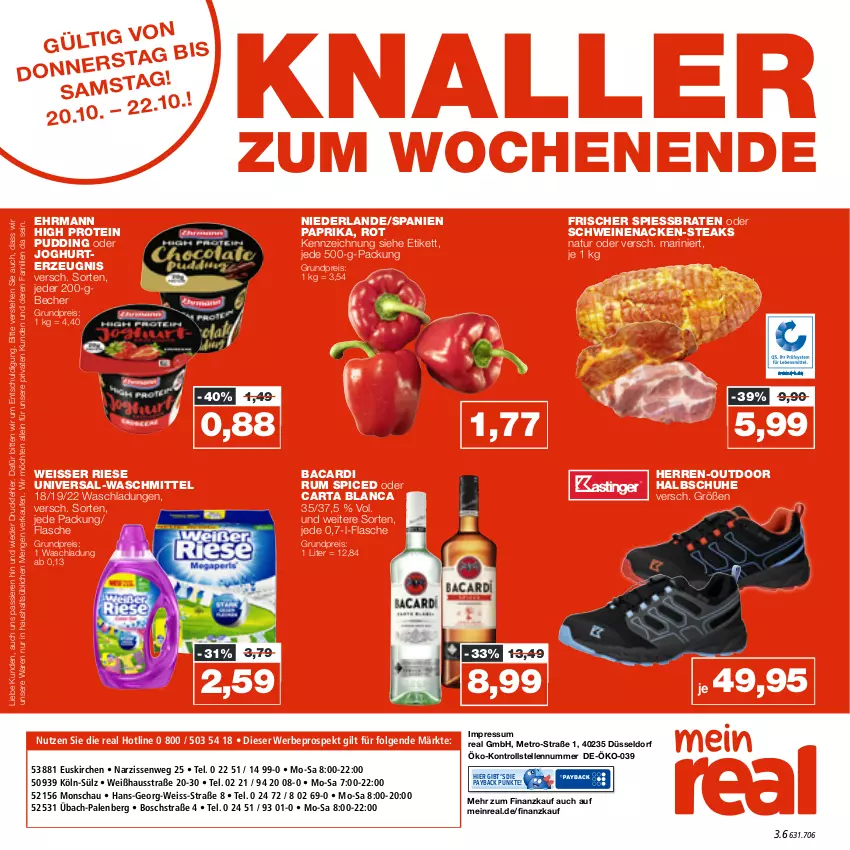 Aktueller Prospekt Real - von 17.10 bis 22.10.2022 - strona 28 - produkty: bacardi, bacardi rum, Becher, bosch, braten, ehrmann, eis, elle, flasche, joghur, joghurt, LG, Metro, Narzissen, natur, paprika, payback, pudding, reis, rum, schuhe, schwein, schweine, schweinenacken, steak, steaks, Ti, waschmittel, wein, weine, Weisser Riese