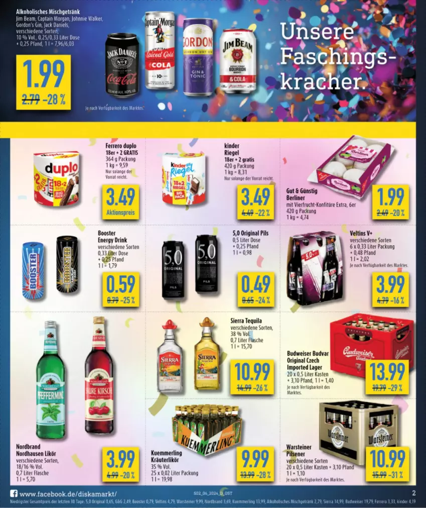 Aktueller Prospekt Diska - von 05.02 bis 10.02.2024 - strona 2 - produkty: aktionspreis, alkohol, berliner, budweiser, drink, duplo, eis, energy drink, ferrero, flasche, frucht, getränk, gin, gordon, jack daniel, jack daniels, Kinder, konfitüre, konfitüre extra, kräuter, kräuterlikör, likör, merl, nordbrand, pils, pilsener, reis, riegel, Sierra, sierra tequila, steiner, tequila, Ti, veltins, warsteiner