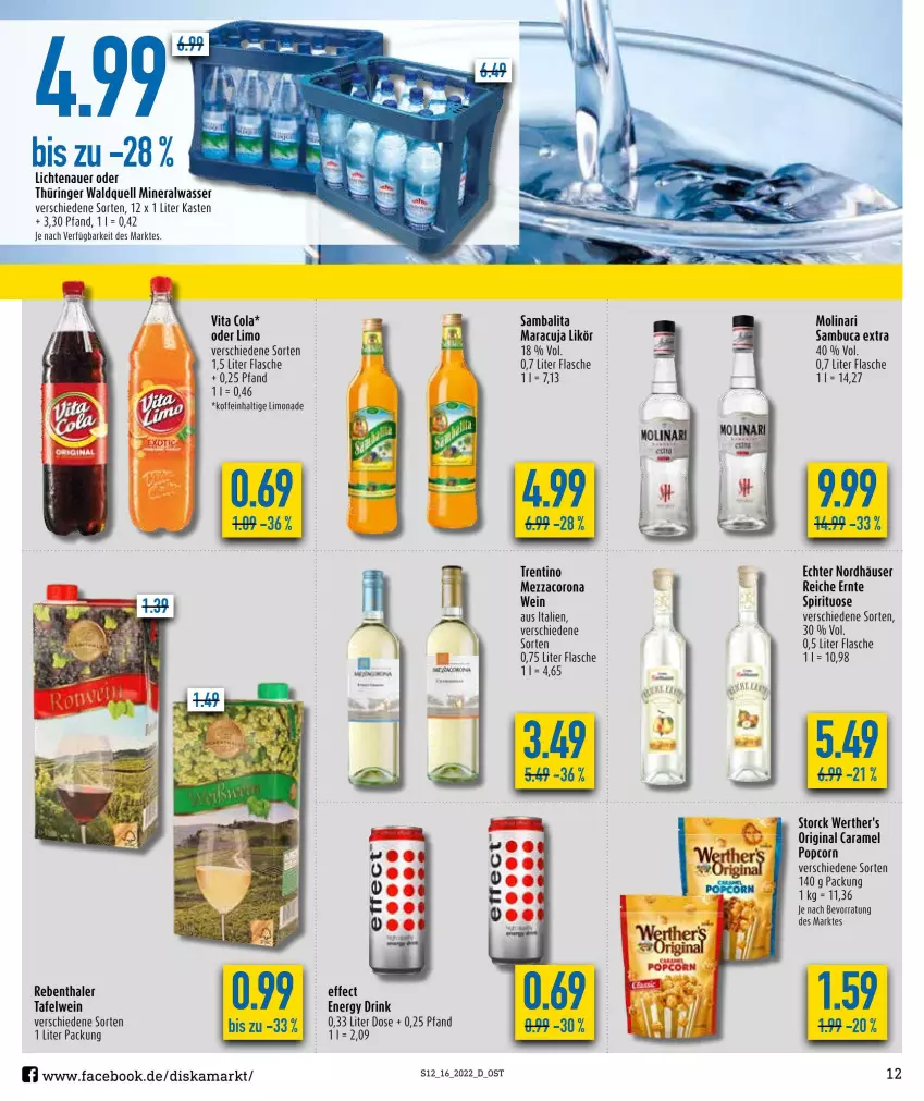 Aktueller Prospekt Diska - Prospekte - von 19.04 bis 23.04.2022 - strona 12 - produkty: auer, caramel, corona, drink, Effect, energy drink, flasche, gin, lichtenauer, likör, limo, limonade, maracuja, mezzacorona, popcorn, ring, sambuca, storck, Ti, vita, wein, werther's