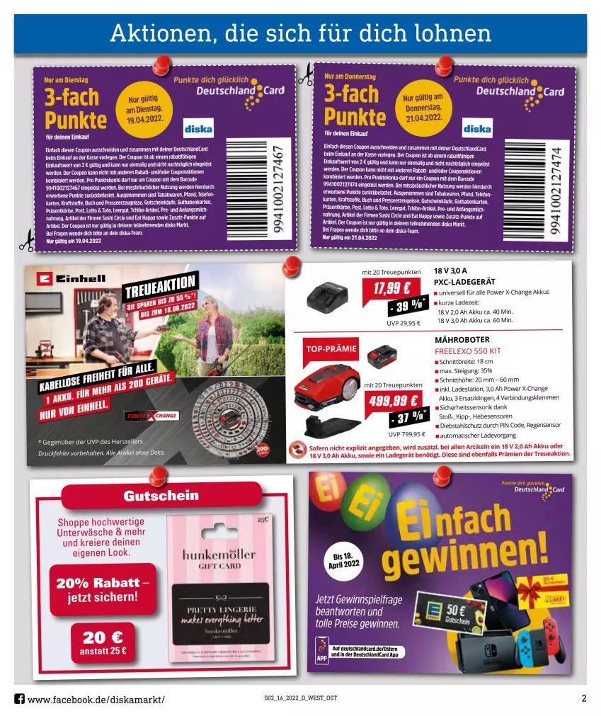 Aktueller Prospekt Diska - Prospekte - von 19.04 bis 23.04.2022 - strona 2 - produkty: akku, auto, Brei, buch, coupon, deutschlandcard, elle, erde, gewinnspiel, guthabenkarte, gutschein, kraft, ladegerät, LG, mähroboter, milch, Sushi, Tchibo, tee, telefon, teller, Ti, tisch