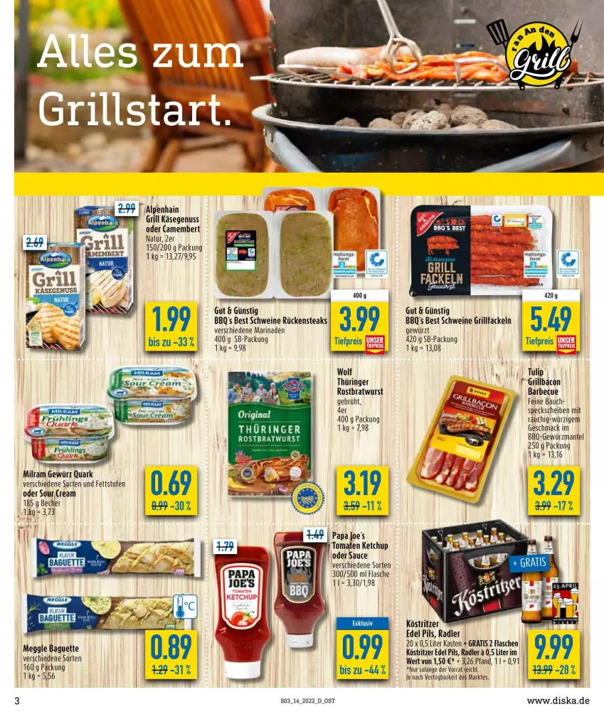 Aktueller Prospekt Diska - Prospekte - von 19.04 bis 23.04.2022 - strona 3 - produkty: Alpenhain, bacon, baguette, barbecue, Bau, Becher, bratwurst, camembert, eis, flasche, gewürz, grill, grillfackeln, Käse, ketchup, köstritzer, mac, Mantel, marinade, meggle, milram, natur, nuss, pils, quark, radler, Rauch, reis, ring, rostbratwurst, Rückensteak, rückensteaks, sauce, schwein, schweine, Speck, steak, steaks, thüringer rostbratwurst, Ti, tiefpreis, tomate, tomaten, tomaten ketchup, tulip, wein, weine, wurst