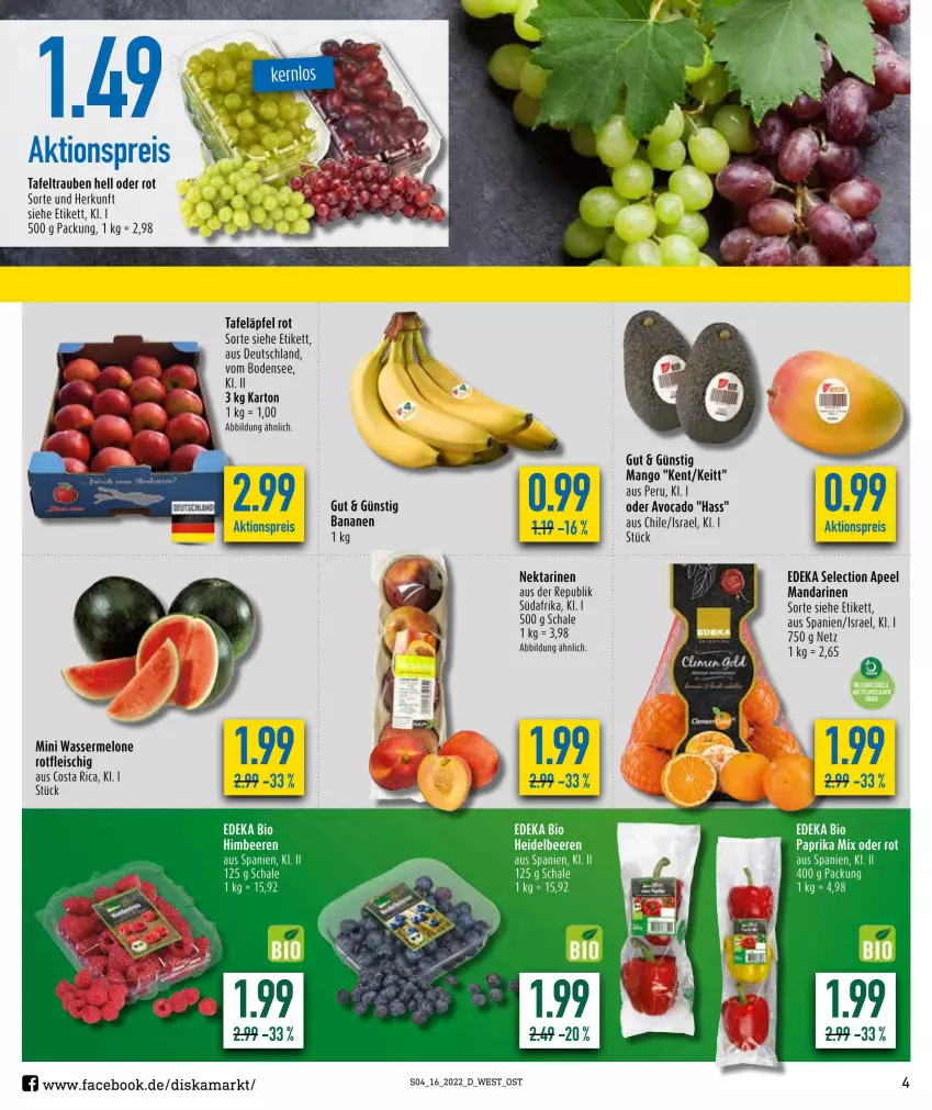 Aktueller Prospekt Diska - Prospekte - von 19.04 bis 23.04.2022 - strona 4 - produkty: aktionspreis, avocado, beere, beeren, deka, eis, fleisch, heidelbeere, heidelbeeren, mandarine, mandarinen, mango, melone, Nektar, nektarinen, paprika, paprika mix, reis, Schal, Schale, tafeläpfel, tafeltrauben, Ti, trauben, wasser, wassermelone