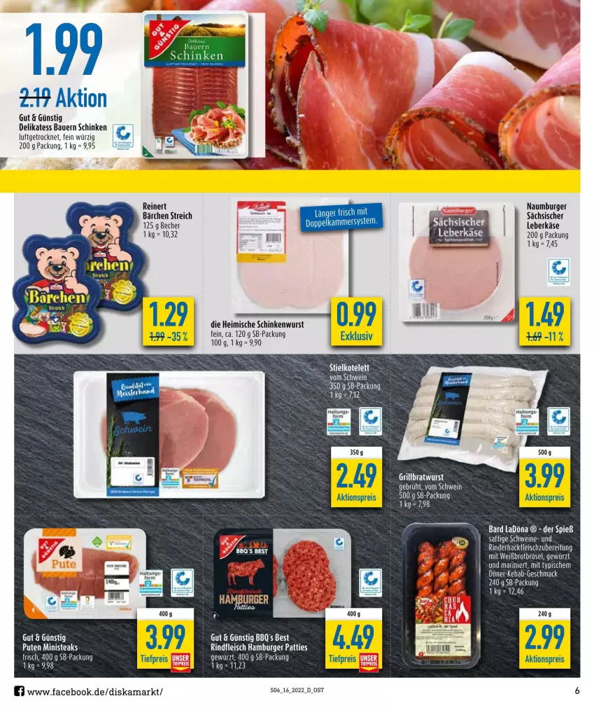 Aktueller Prospekt Diska - Prospekte - von 19.04 bis 23.04.2022 - strona 6 - produkty: aktionspreis, auer, Bau, Bauer, Becher, brot, burger, eis, fleisch, gewürz, hackfleisch, hamburger, Käse, Kinder, leberkäs, leberkäse, mac, pute, reinert, reis, rind, rindfleisch, saft, schinken, schinkenwurst, schwein, schweine, steak, steaks, Ti, tiefpreis, wein, weine, wurst