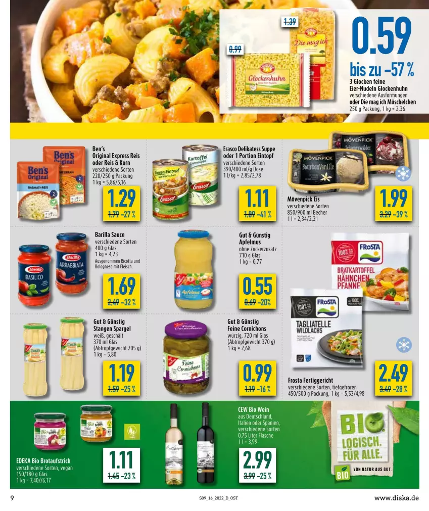 Aktueller Prospekt Diska - Prospekte - von 19.04 bis 23.04.2022 - strona 9 - produkty: apfel, apfelmus, aufstrich, barilla, Becher, bio, bolognese, brot, brotaufstrich, deka, edeka bio, eier, eintopf, eis, elle, erasco, fertiggericht, fleisch, frosta, gin, korn, natur, nudel, nudeln, reis, ricotta, sauce, spargel, suppe, tagliatelle, Ti, topf, Wild, zucker