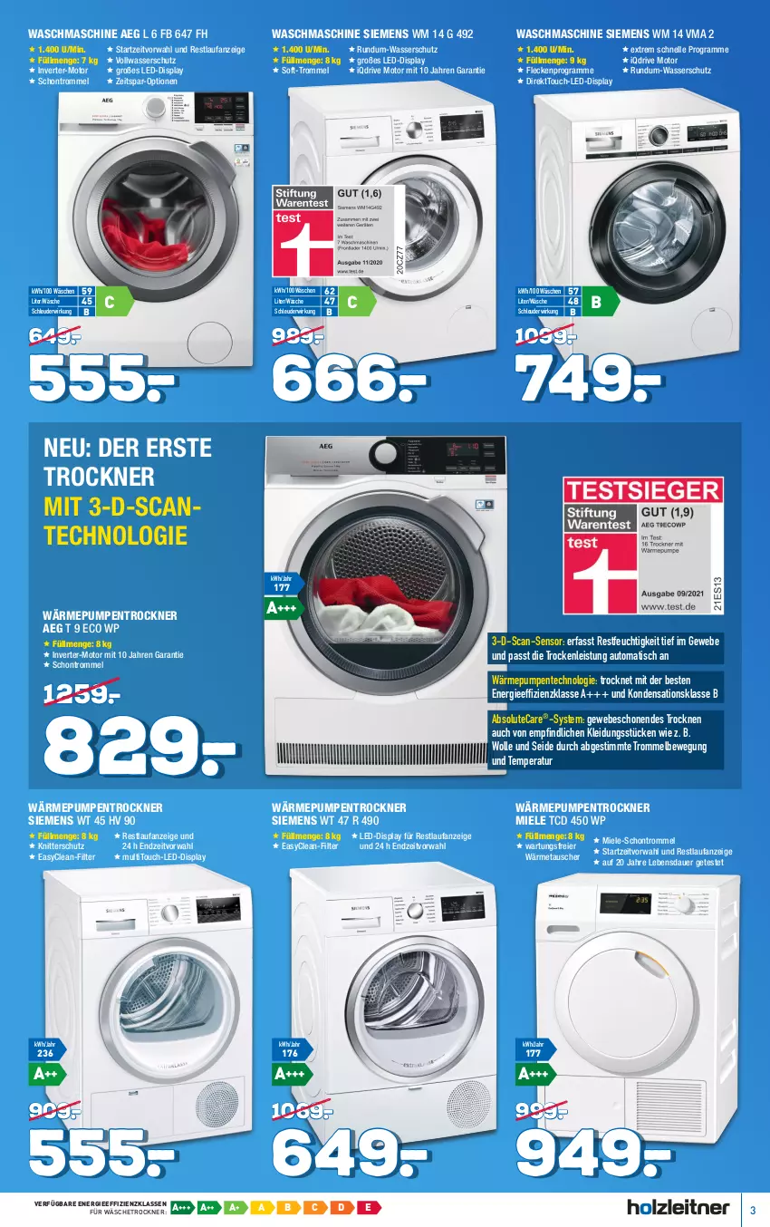 Aktueller Prospekt Holzleitner - Prospekte - von 12.02 bis 19.02.2022 - strona 3 - produkty: aeg, auer, auto, eier, eis, elle, ente, kleid, Kleidung, miele, siemens, Ti, tisch, Trockner, trommel, wärmepumpentrockner, wäschetrockner, waschmaschine, wasser, wolle