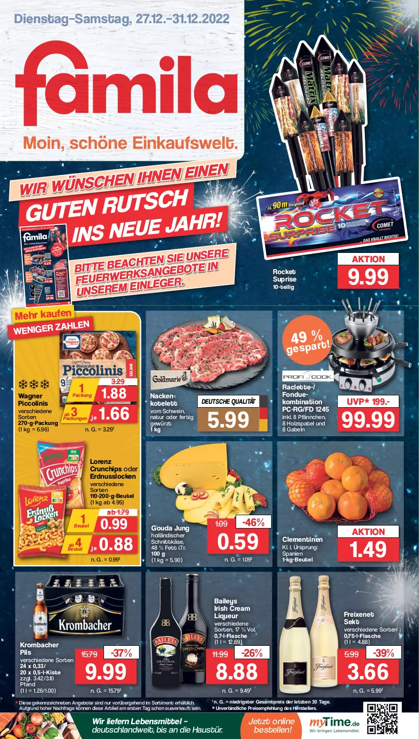 Aktueller Prospekt Famila - Prospekte - von 27.12 bis 31.12.2022 - strona 1 - produkty: angebot, angebote, auer, aust, baileys, beutel, chips, clementinen, crunchips, eis, elle, erdnuss, flasche, Fondue, freixenet, gabel, gewürz, gouda, gouda jung, holländischer schnittkäse, Holz, irish cream, Käse, kotelett, krombache, krombacher, krombacher pils, lebensmittel, liqueur, lorenz, lorenz crunchips, natur, nuss, piccolinis, pils, reis, rwe, schnitten, schnittkäse, schwein, sekt, teller, Ti, wagner, wein, ZTE