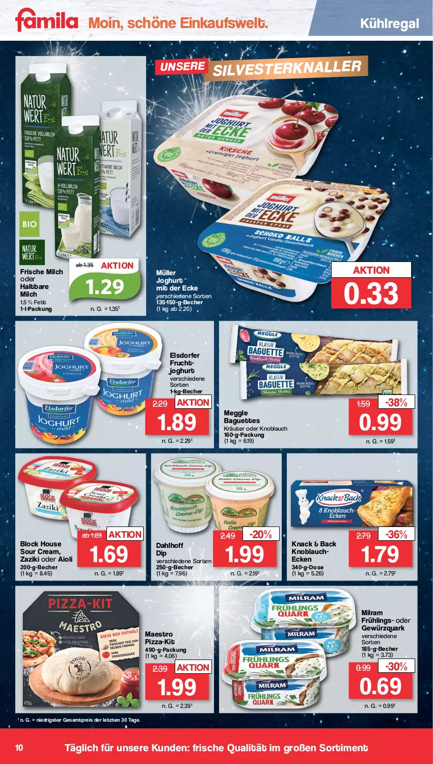 Aktueller Prospekt Famila - Prospekte - von 27.12 bis 31.12.2022 - strona 10 - produkty: aioli, baguette, baguettes, Becher, dip, eis, frische milch, frucht, fruchtjoghurt, gewürz, gewürzquark, haltbare milch, joghur, joghurt, joghurt mit der ecke, knoblauch, kräuter, kühlregal, meggle, milch, milram, Müller, pizza, quark, regal, reis, sour cream, Ti, zaziki, ZTE