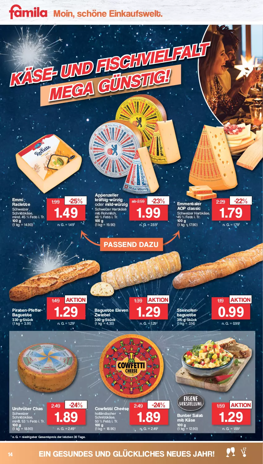 Aktueller Prospekt Famila - Prospekte - von 27.12 bis 31.12.2022 - strona 14 - produkty: appenzeller, baguette, eis, elle, emmentaler, emmi, hartkäse, holländischer schnittkäse, Käse, milch, Ofen, pfeffer, reis, salat, schnittkäse, schweizer hartkäse, schweizer schnittkäse, steinofen, Ti, ZTE, zwiebel