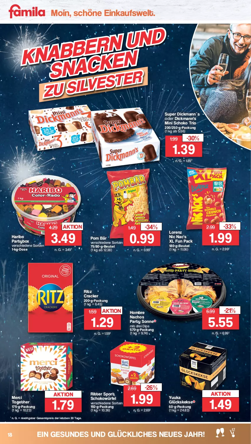 Aktueller Prospekt Famila - Prospekte - von 27.12 bis 31.12.2022 - strona 18 - produkty: beutel, cracker, dip, eis, haribo, keks, kekse, lorenz, merci, nacho, Nachos, reis, ritter, ritter sport, schoko, schokowürfel, Sport, Ti, würfel, ZTE