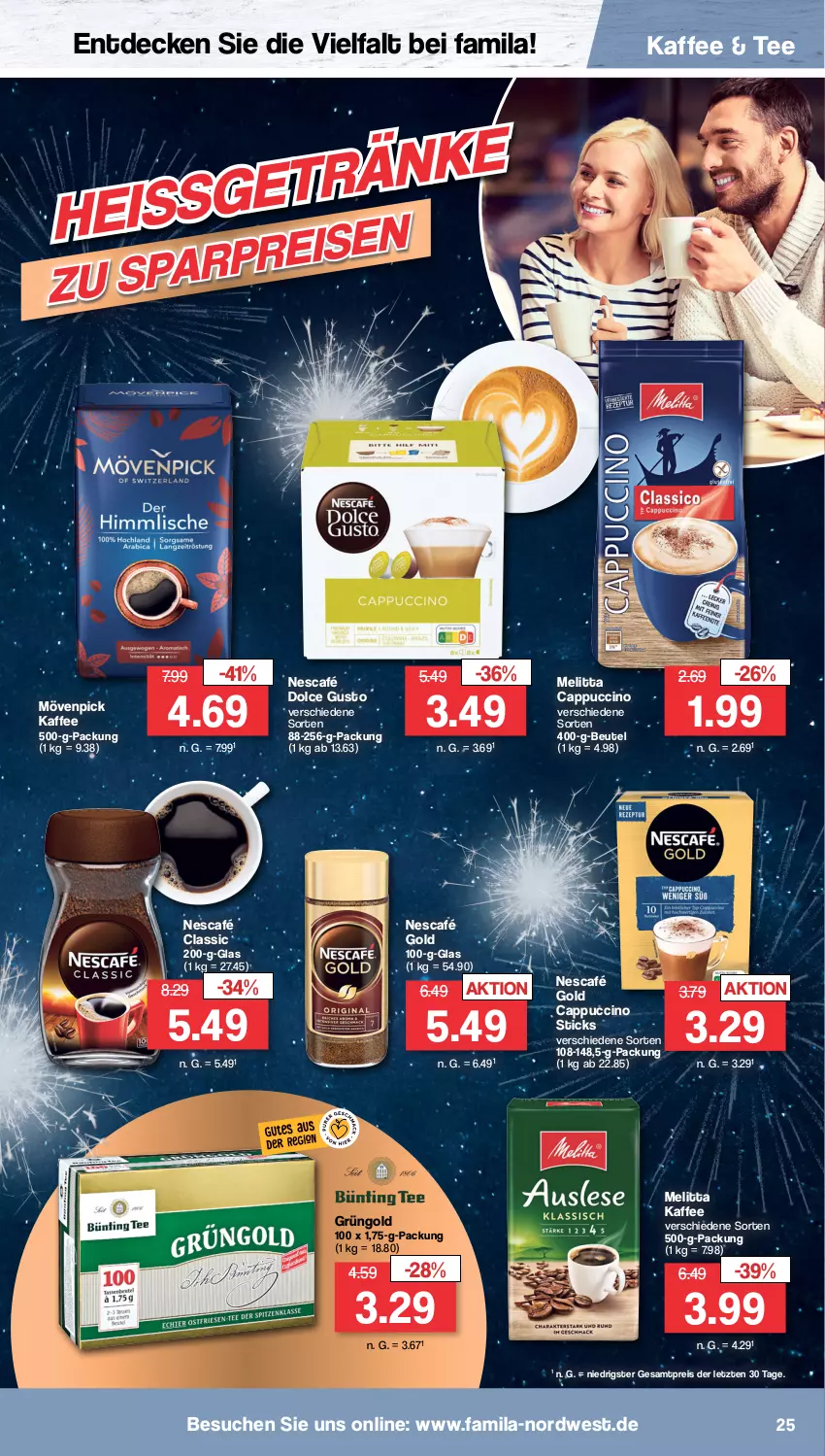 Aktueller Prospekt Famila - Prospekte - von 27.12 bis 31.12.2022 - strona 25 - produkty: beutel, Cap, cappuccino, cin, decke, dolce gusto, eis, kaffee, melitta, mövenpick, mövenpick kaffee, Nescafé, nescafé gold, reis, tee, Ti, ZTE