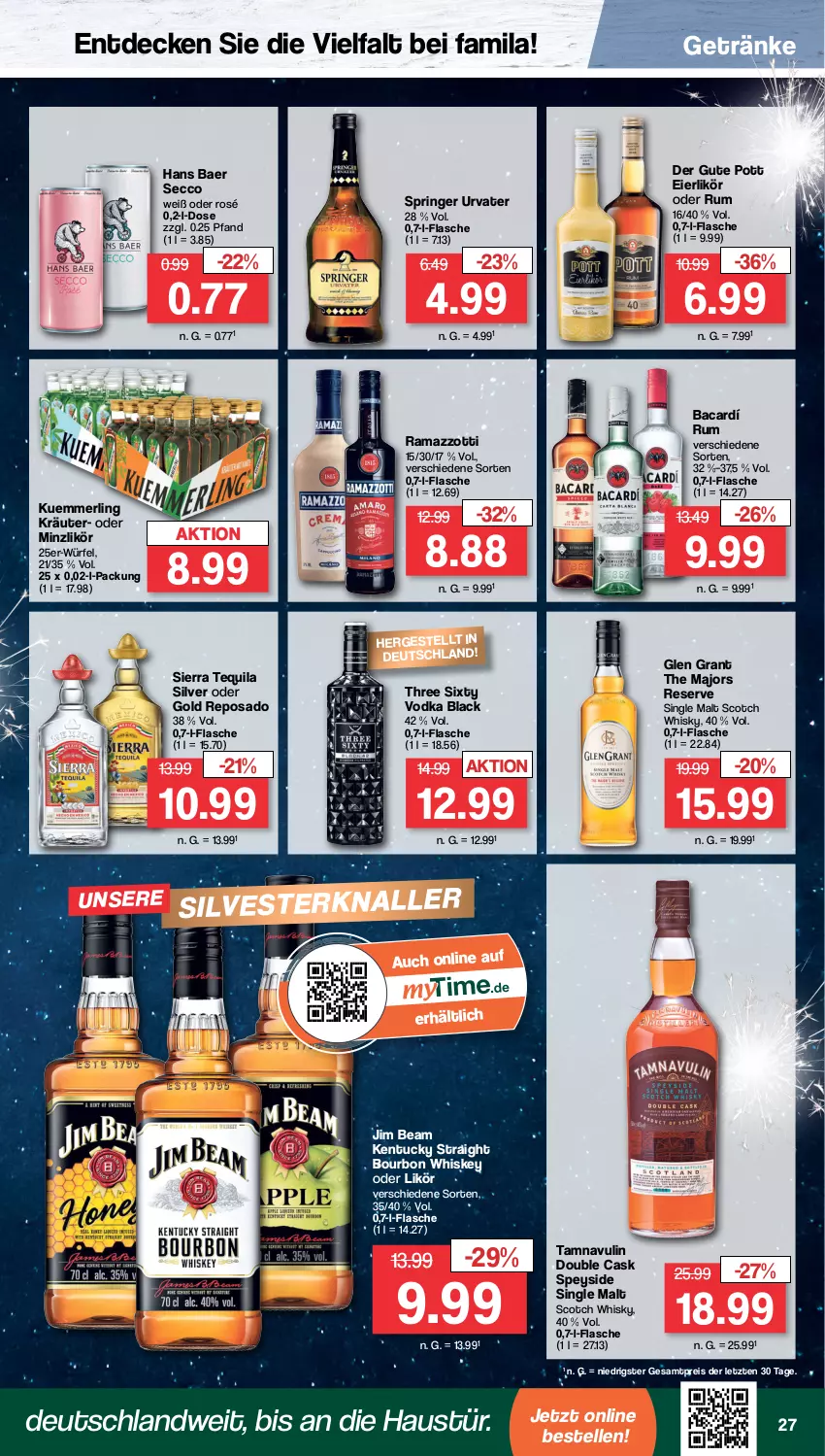 Aktueller Prospekt Famila - Prospekte - von 27.12 bis 31.12.2022 - strona 27 - produkty: aust, bourbon, bourbon whiskey, decke, ecco, eier, eierlikör, eis, elle, flasche, getränk, getränke, Glen Grant, jim beam, kentucky straight, kräuter, kuemmerling, lack, likör, merl, rama, ramazzott, ramazzotti, reis, ring, rum, scotch, scotch whisky, Sierra, sierra tequila, single malt, tequila, Three Sixty, Ti, tuc, urvater, vodka, whiskey, whisky, würfel, zott, ZTE