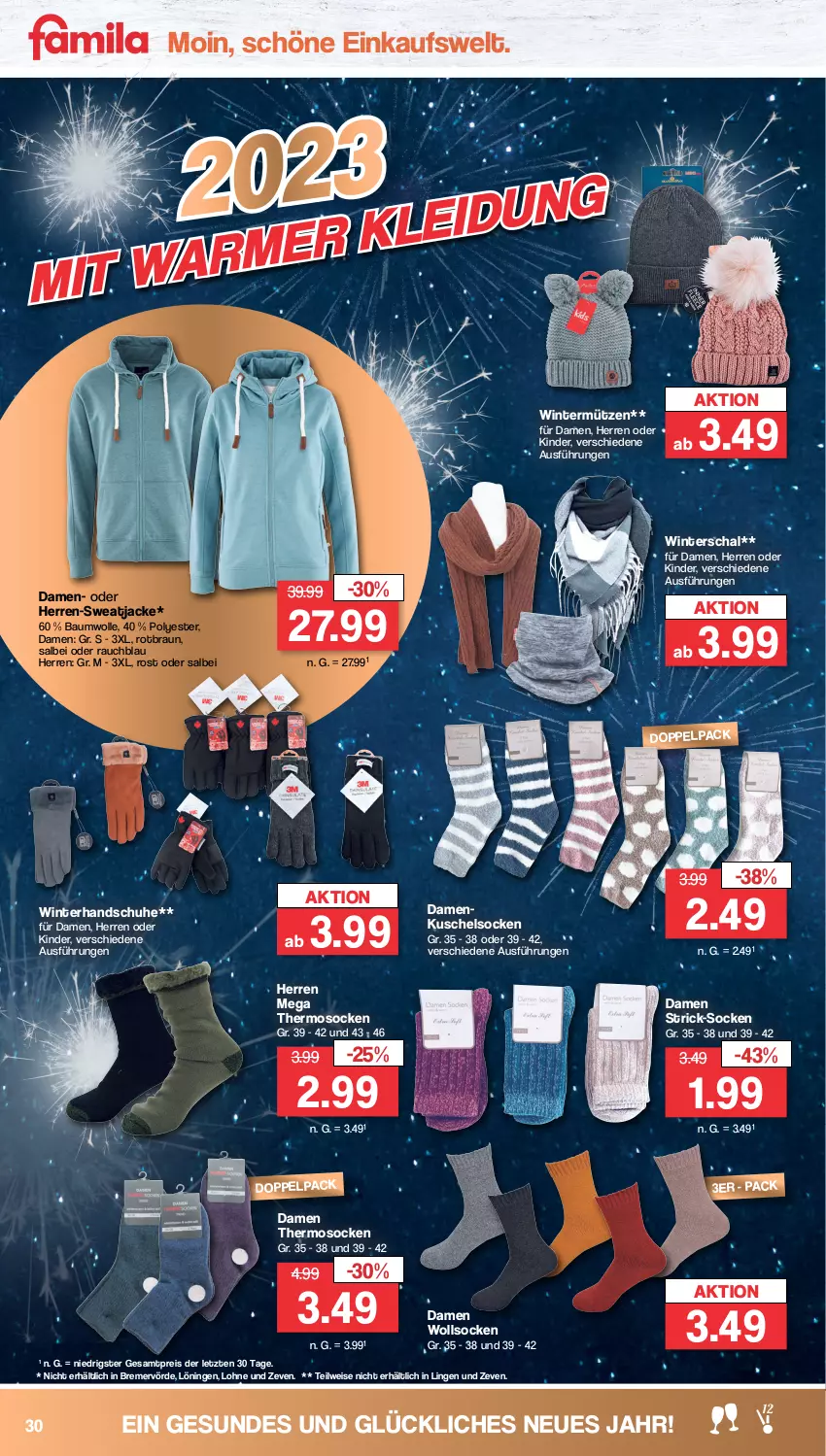 Aktueller Prospekt Famila - Prospekte - von 27.12 bis 31.12.2022 - strona 30 - produkty: Bau, baumwolle, braun, eis, handschuhe, Jacke, Kinder, kleid, Kleidung, Kuschelsocken, Mütze, Rauch, reis, Schal, schuhe, socken, sweatjacke, Ti, wolle, ZTE