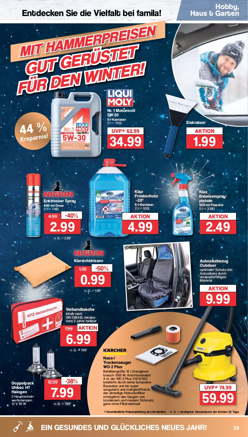 Aktueller Prospekt Famila - Prospekte - von 27.12 bis 31.12.2022 - strona 39 - produkty: auto, Bau, Behälter, decke, eis, Eiskratzer, elle, ente, flasche, Garten, Hobby, kissen, Lampe, motorenöl, Rauch, reis, Ria, rwe, Scheinwerferlampe, Tasche, teller, Ti, Trockensauger, unitec, ZTE