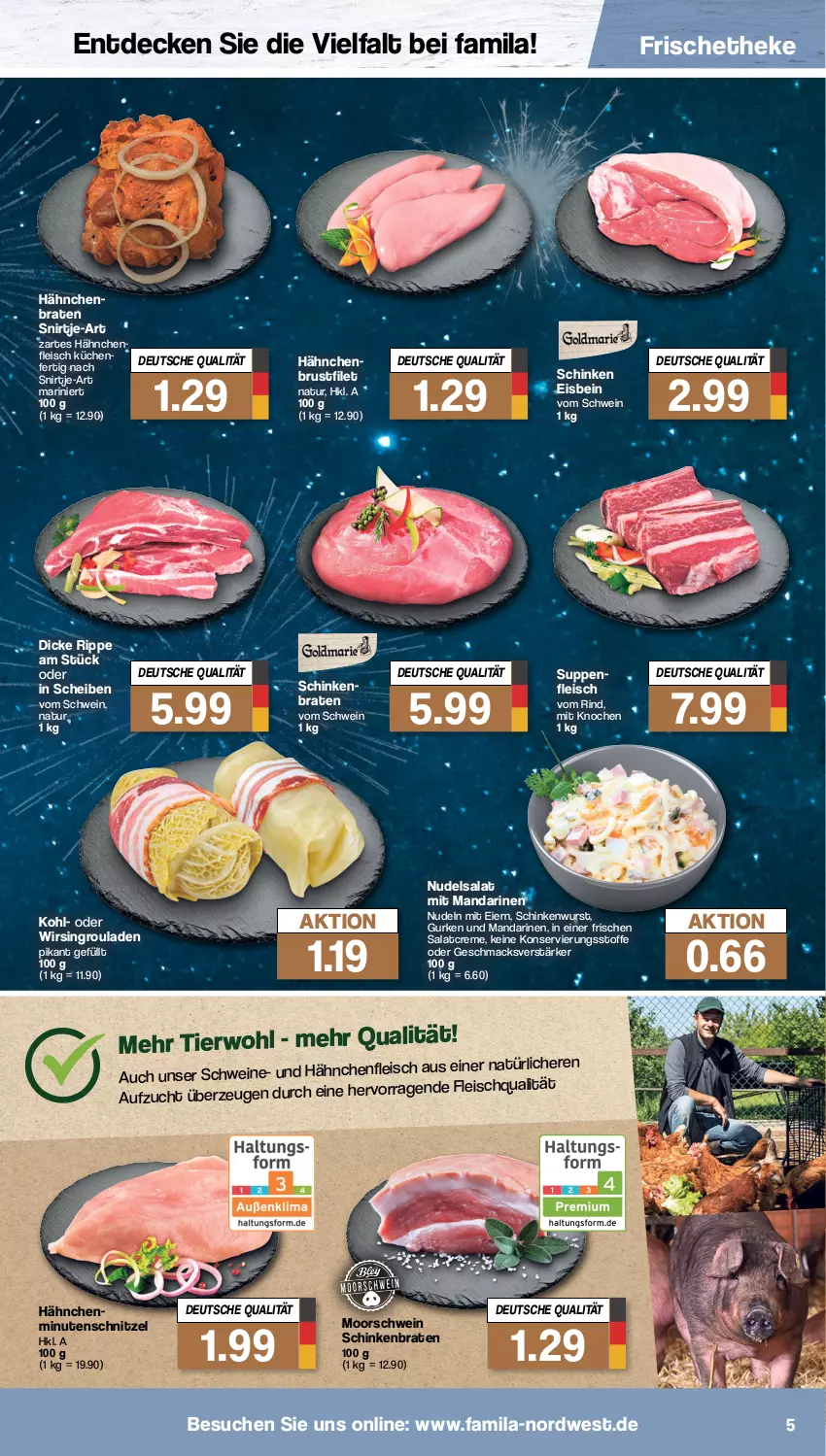 Aktueller Prospekt Famila - Prospekte - von 27.12 bis 31.12.2022 - strona 5 - produkty: braten, brustfilet, creme, decke, eier, eis, filet, fleisch, gurke, gurken, hähnchenbrust, hähnchenbrustfilet, Hähnchenfleisch, küche, Küchen, mac, mandarine, mandarinen, minutenschnitzel, natur, nudel, nudeln, nudelsalat, rind, rouladen, salat, salatcreme, schinken, schinkenbraten, schinkenwurst, schnitzel, schwein, schweine, suppe, suppen, suppenfleisch, Ti, wein, weine, Wirsing, wurst