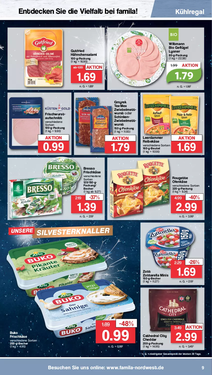 Aktueller Prospekt Famila - Prospekte - von 27.12 bis 31.12.2022 - strona 9 - produkty: aufschnitt, Becher, beutel, bio, bresso, Buko, cheddar, decke, eis, frischkäse, Geflügel, gutfried, Käse, kühlregal, leerdammer, lyoner, Mett, mettwurst, Ofen, Ofenkäse, regal, Reibekäse, reis, rel, rouge, rougette, salami, schinken, Ti, wiltmann, wurst, Yo, zott, zottarella, zottarella minis, ZTE, zwiebel, zwiebelmettwurst