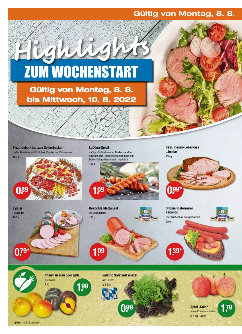 Aktueller Prospekt Vmarkt - V-Markt - von 04.08 bis 10.08.2022 - strona 22 - produkty: buch, eier, eis, emmentaler, fleisch, gelee, gin, hackfleisch, Holz, jumbo, kabanos, Käse, leberkäs, leberkäse, lyoner, mac, Mantel, Mett, mettwurst, paprika, pflaume, pflaumen, pizza, rind, rinder, rinder-hackfleisch, saft, salat, Schal, Schale, schinken, schwein, schweine, Ti, wein, weine, wurst, Yo