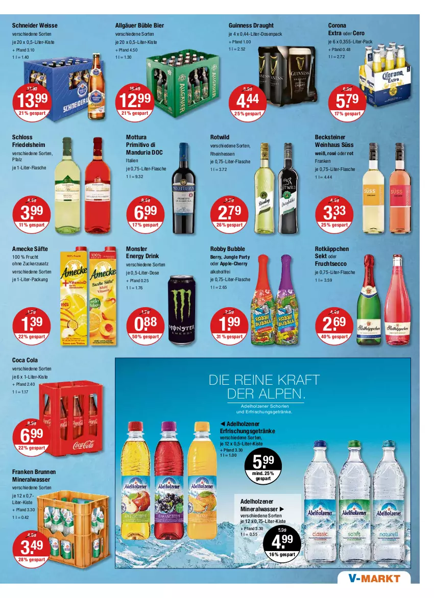 Aktueller Prospekt Vmarkt - V-Markt - von 04.08 bis 10.08.2022 - strona 9 - produkty: adelholzener, alkohol, Alwa, amecke, Apple, becks, becksteiner, bier, brunnen, cola, corona, corona extra, drink, ecco, eis, energy drink, erfrischungsgetränk, erfrischungsgetränke, flasche, franken brunnen, frucht, fruchtsecco, getränk, getränke, Guinness, Holz, je 1-liter-flasche, kraft, LG, mineralwasser, monster, Monster Energy, primitivo, Ria, robby, rotkäppchen, säfte, schorle, sekt, steiner, Ti, wasser, wein, Wild, zucker