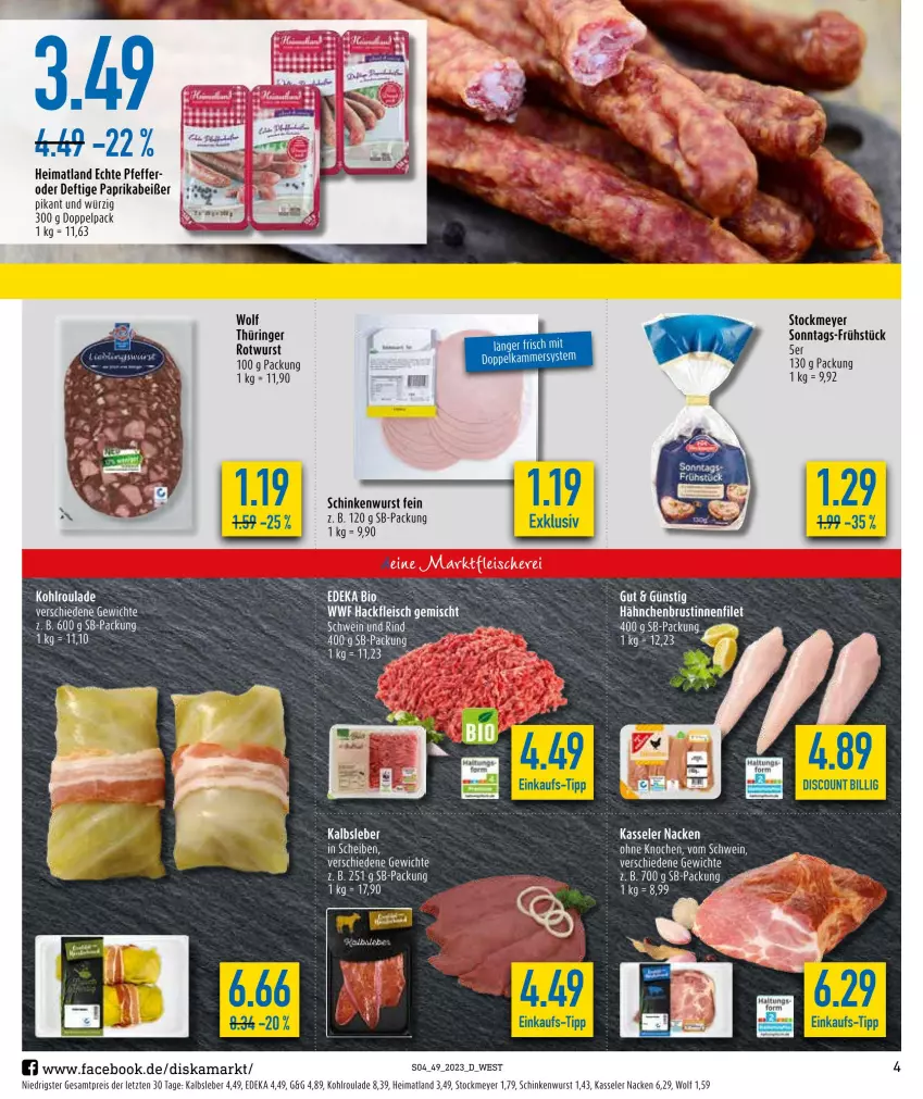 Aktueller Prospekt Diska - Prospekte - von 04.12 bis 09.12.2023 - strona 4 - produkty: deka, discount, eis, filet, fleisch, hackfleisch, hackfleisch gemischt, hähnchenbrust, HP, Kalbsleber, kasseler, paprika, pfeffer, reis, rel, Ria, rind, ring, Rotwurst, schinken, schinkenwurst, schwein, schwein und rind, stockmeyer, tee, Ti, wein, wurst, ZTE