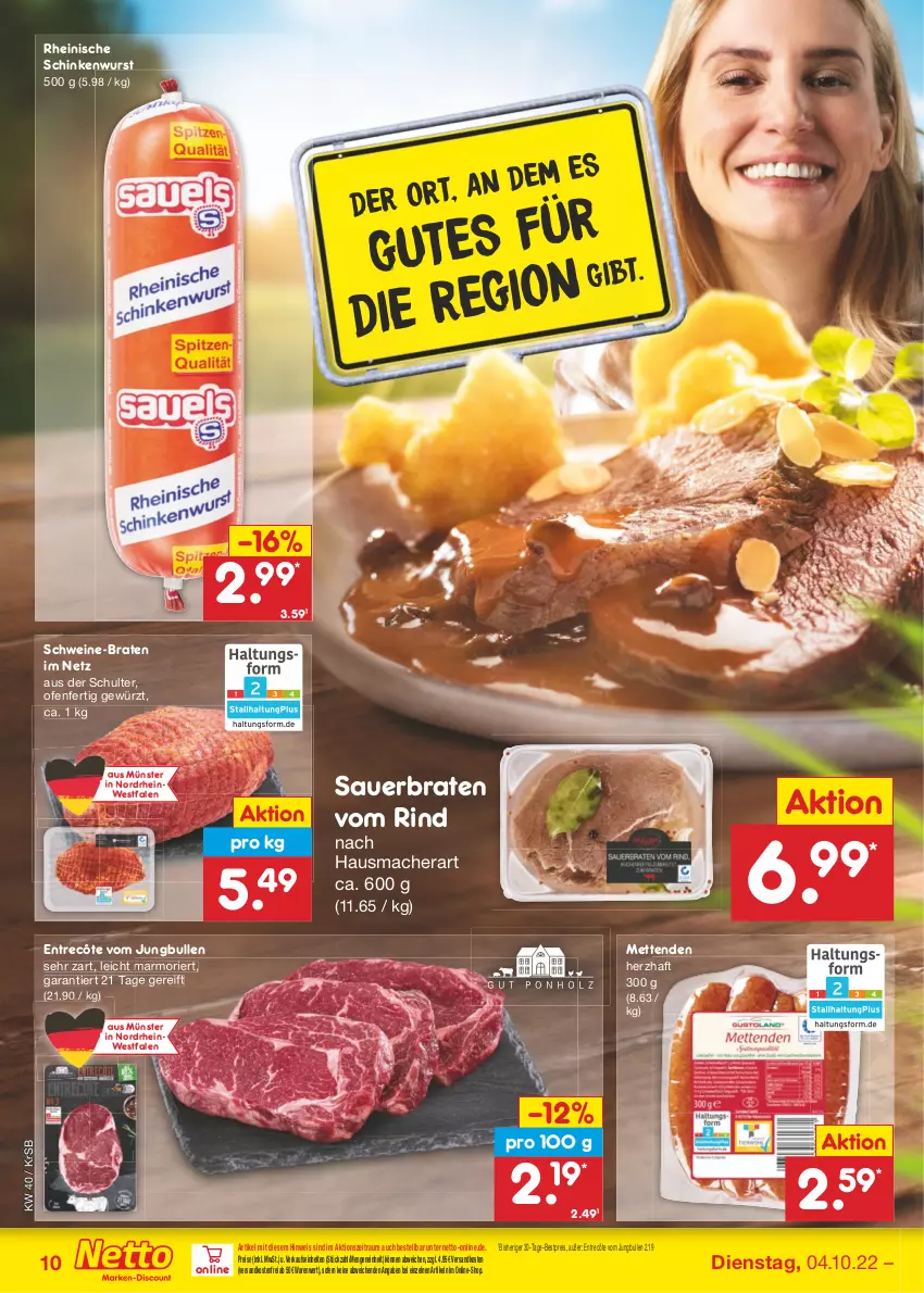 Aktueller Prospekt Netto Marken-Discount - Filial-Angebote - von 04.10 bis 08.10.2022 - strona 10 - produkty: auer, bestpreis, braten, eis, entrecôte, gewürz, Hausmacher, jungbullen, mac, Mett, metten, Mettenden, ndk, Ofen, reis, rind, schinken, schinkenwurst, schwein, schweine, Ti, versandkostenfrei, wein, weine, wurst