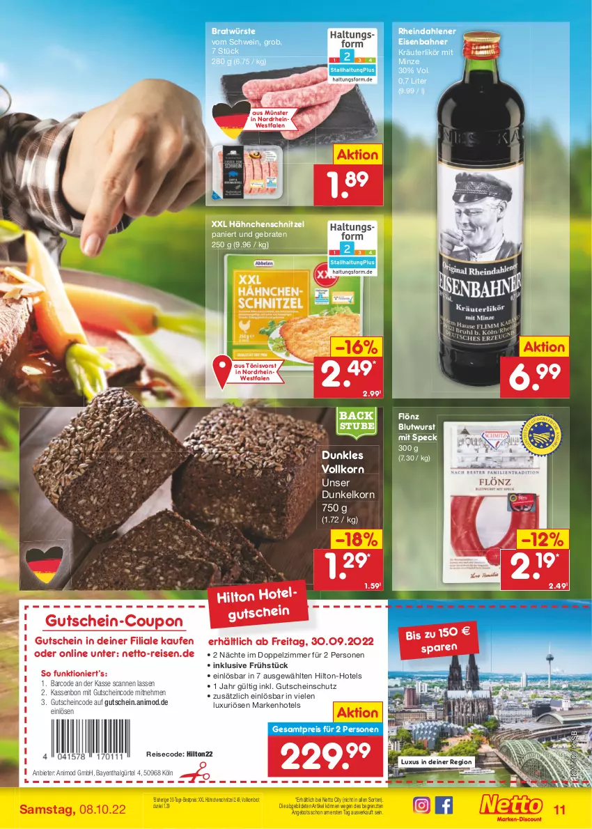 Aktueller Prospekt Netto Marken-Discount - Filial-Angebote - von 04.10 bis 08.10.2022 - strona 11 - produkty: angebot, backofen, bestpreis, braten, brot, coupon, eis, Eisenbahn, gutschein, Hähnchenschnitzel, korn, Kornbrot, kräuter, kräuterlikör, LG, likör, minze, Ofen, reis, schnitzel, schwein, Speck, stube, Ti, vollkornbrot, wein, wurst, ZTE