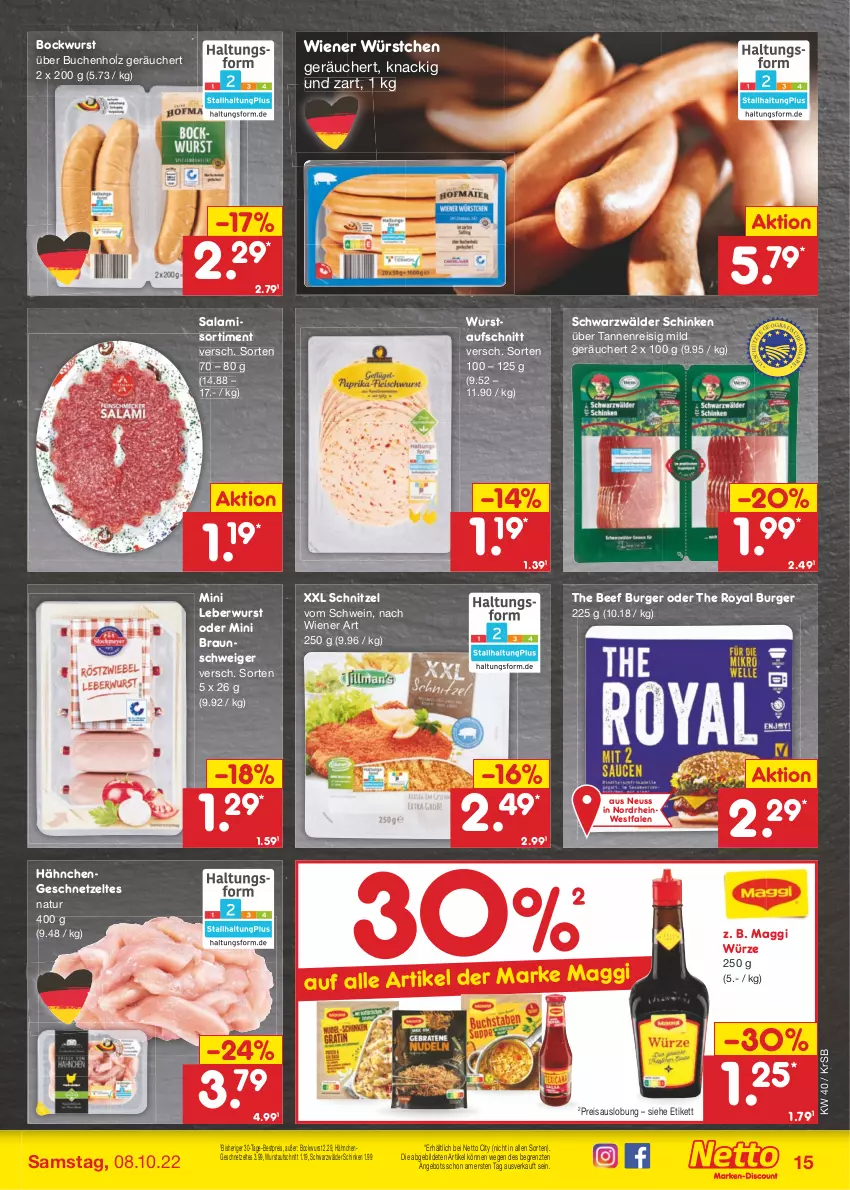 Aktueller Prospekt Netto Marken-Discount - Filial-Angebote - von 04.10 bis 08.10.2022 - strona 15 - produkty: angebot, aufschnitt, beef, bestpreis, bockwurst, braun, buch, burger, eis, geschnetzeltes, Hähnchengeschnetzeltes, Holz, leberwurst, maggi, maggi würze, natur, reis, salami, schinken, schnitzel, schwarzwälder schinken, schwein, Ti, wein, wiener, wiener würstchen, wurst, würstchen, Zelt, ZTE