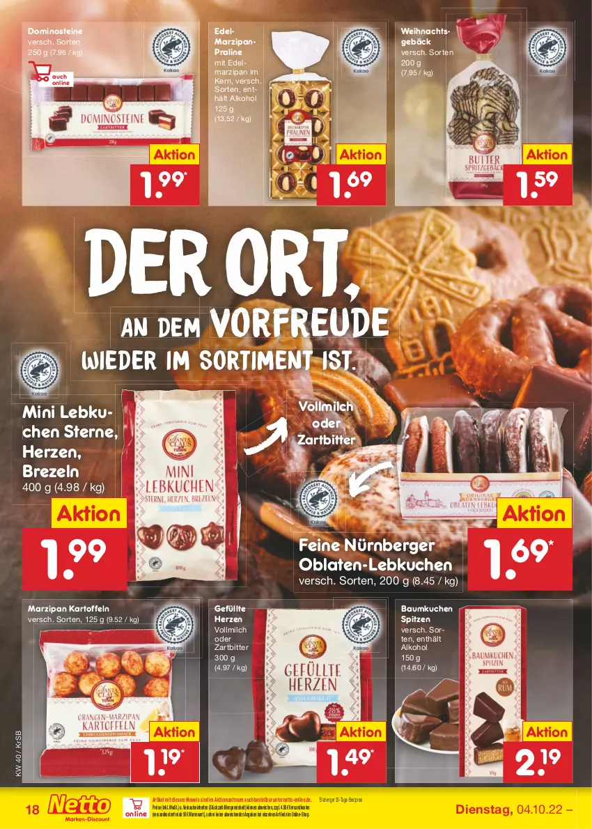 Aktueller Prospekt Netto Marken-Discount - Filial-Angebote - von 04.10 bis 08.10.2022 - strona 18 - produkty: alkohol, Bau, Berger, bestpreis, brezel, Brezeln, Dominosteine, Edelmarzipan, eis, kartoffel, kartoffeln, kuchen, Lebkuchen, marzipan, milch, ndk, nürnberger, Oblaten, reis, Ti, versandkostenfrei, vollmilch