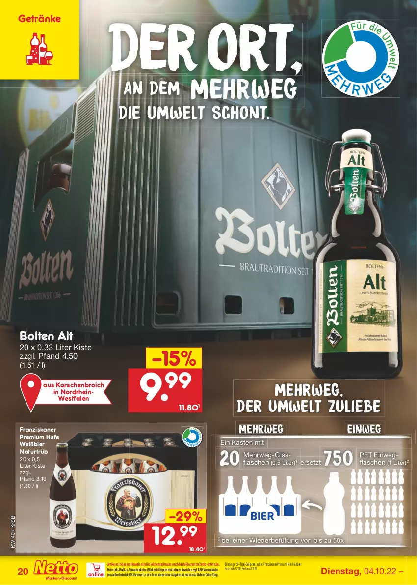 Aktueller Prospekt Netto Marken-Discount - Filial-Angebote - von 04.10 bis 08.10.2022 - strona 20 - produkty: bestpreis, bier, eis, flasche, franziskaner, getränk, getränke, glasflasche, Hefe, natur, ndk, reis, rwe, Ti, versandkostenfrei