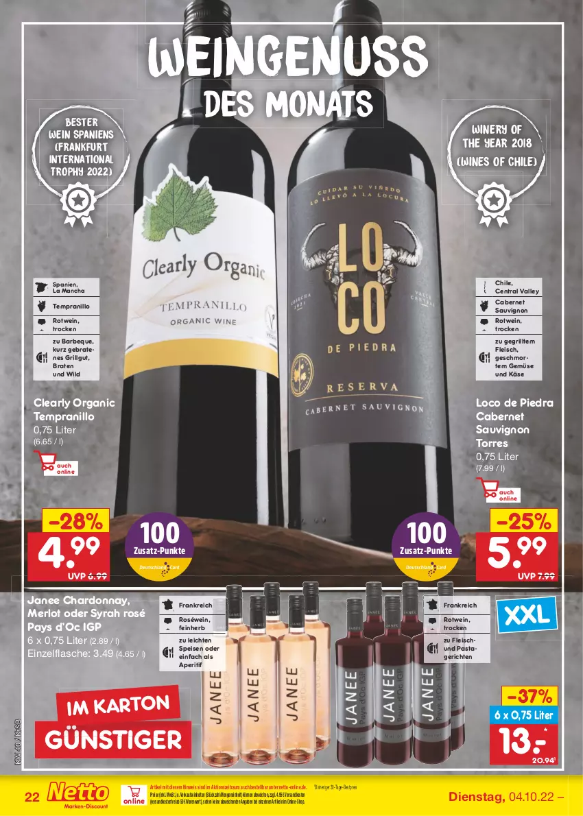 Aktueller Prospekt Netto Marken-Discount - Filial-Angebote - von 04.10 bis 08.10.2022 - strona 22 - produkty: aperitif, bestpreis, braten, cabernet, cabernet sauvignon, chardonnay, eis, flasche, fleisch, grill, Käse, LG, merl, merlot, ndk, nuss, pasta, Pastagericht, reis, roséwein, rotwein, sauvignon, tempranillo, Ti, versandkostenfrei, wein, Wild