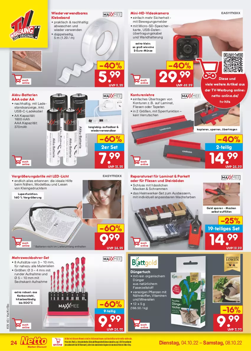 Aktueller Prospekt Netto Marken-Discount - Filial-Angebote - von 04.10 bis 08.10.2022 - strona 24 - produkty: akku, batterie, batterien, Bau, Beba, Bohrer-Set, Brille, deka, dell, deo, dünger, eis, kamera, ladekabel, laminat, led-licht, mac, Mode, ndk, pflanze, pflanzen, reis, Ria, rum, rwe, speicherkarte, Tapete, Tapeten, Ti, tisch, tuc, usb, versandkostenfrei, vita, Vitamine, wandhalterung, weck