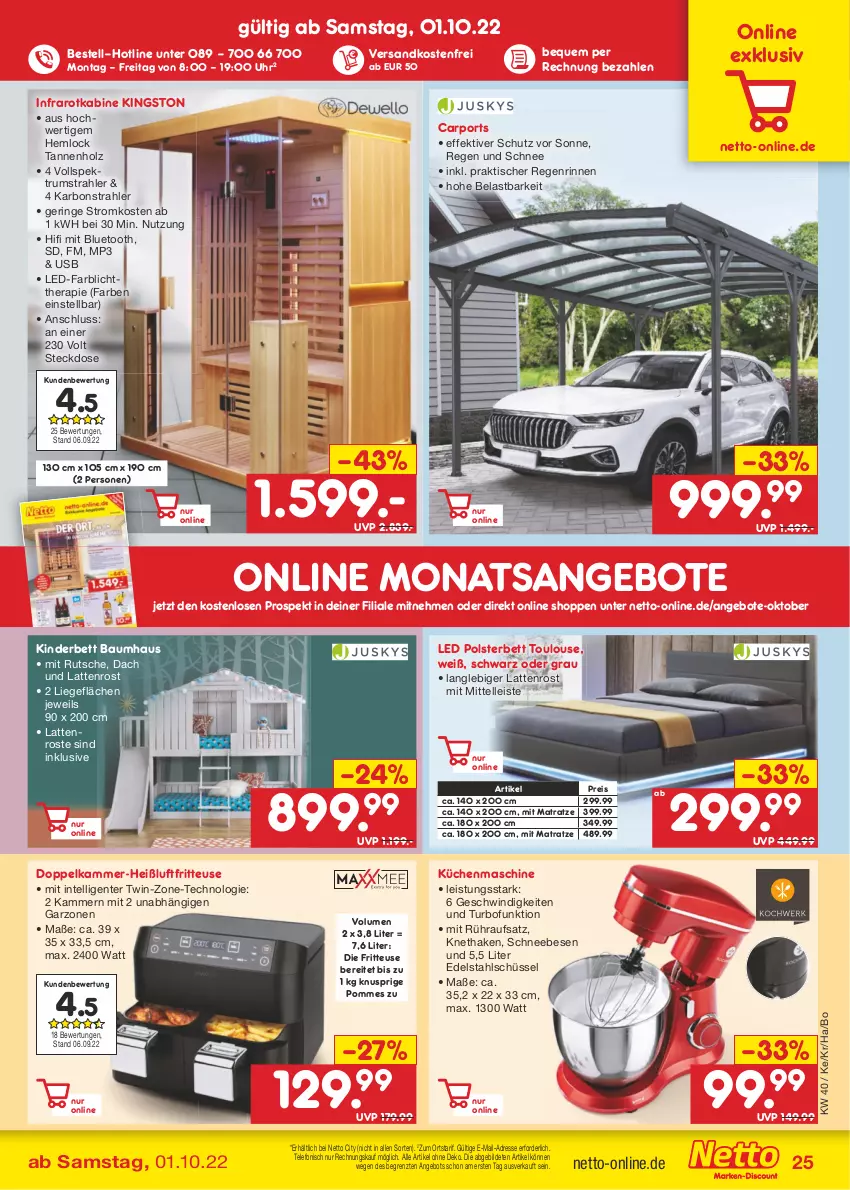 Aktueller Prospekt Netto Marken-Discount - Filial-Angebote - von 04.10 bis 08.10.2022 - strona 25 - produkty: angebot, angebote, Bau, bett, Carport, edelstahl, eis, elle, ente, fritteuse, Heißluftfritteuse, Holz, Intel, Kinder, Kinderbett, Kingston, küche, Küchen, küchenmaschine, latte, lattenrost, Liege, magazin, matratze, Mp3, ndk, polsterbett, pommes, reis, ring, rum, Schneebesen, schüssel, Spektrum, steckdose, telefon, Ti, tisch, uhr, usb, versandkostenfrei, ZTE