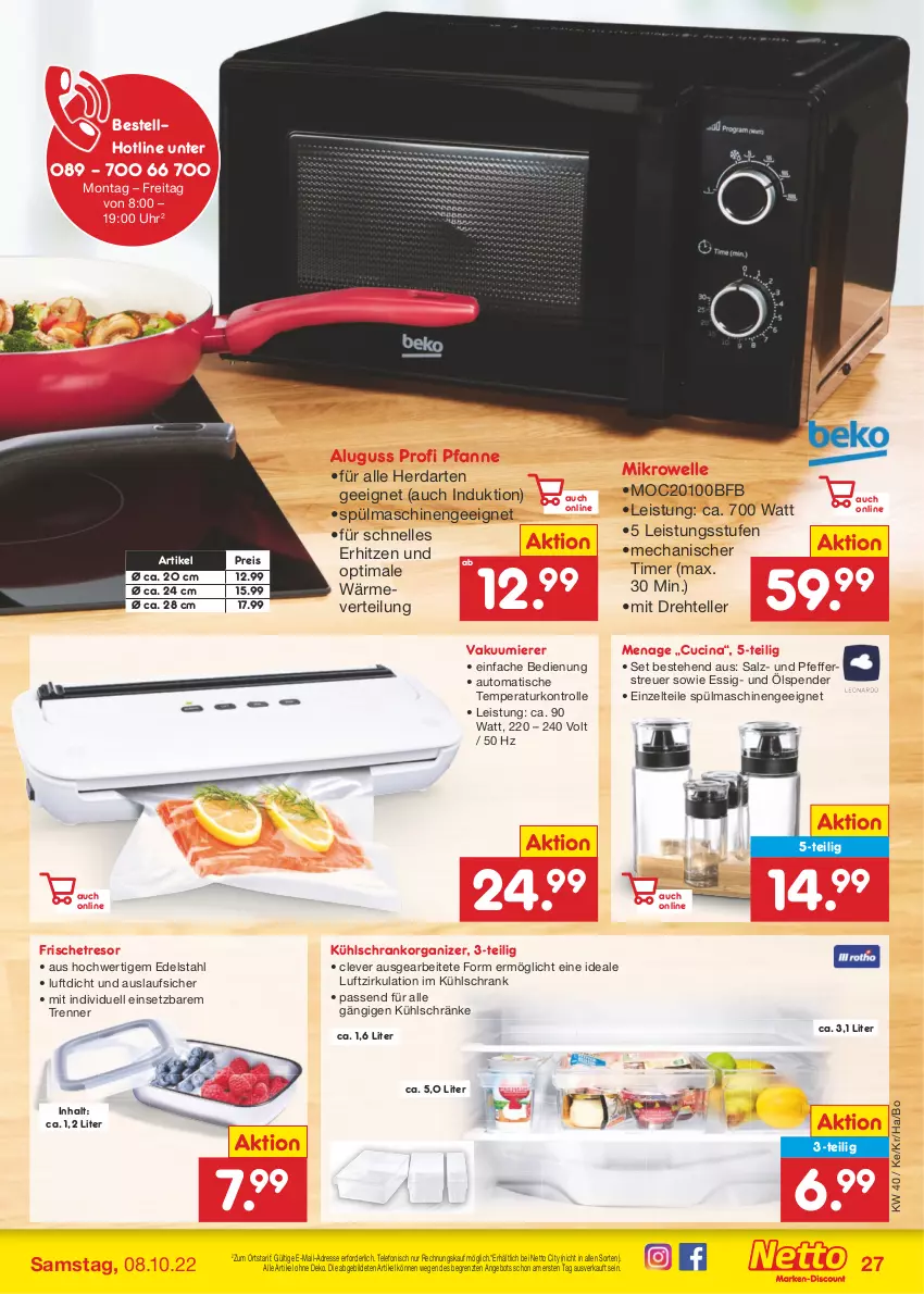 Aktueller Prospekt Netto Marken-Discount - Filial-Angebote - von 04.10 bis 08.10.2022 - strona 27 - produkty: angebot, auto, cin, edelstahl, eis, elle, essig, herdarten, kühlschrank, mikrowelle, passend für alle, pfanne, pfeffer, Pfefferstreuer, reis, salz, Schrank, spülmaschinen, telefon, teller, Ti, timer, tisch, uhr, Vakuumierer, Zelt, ZTE