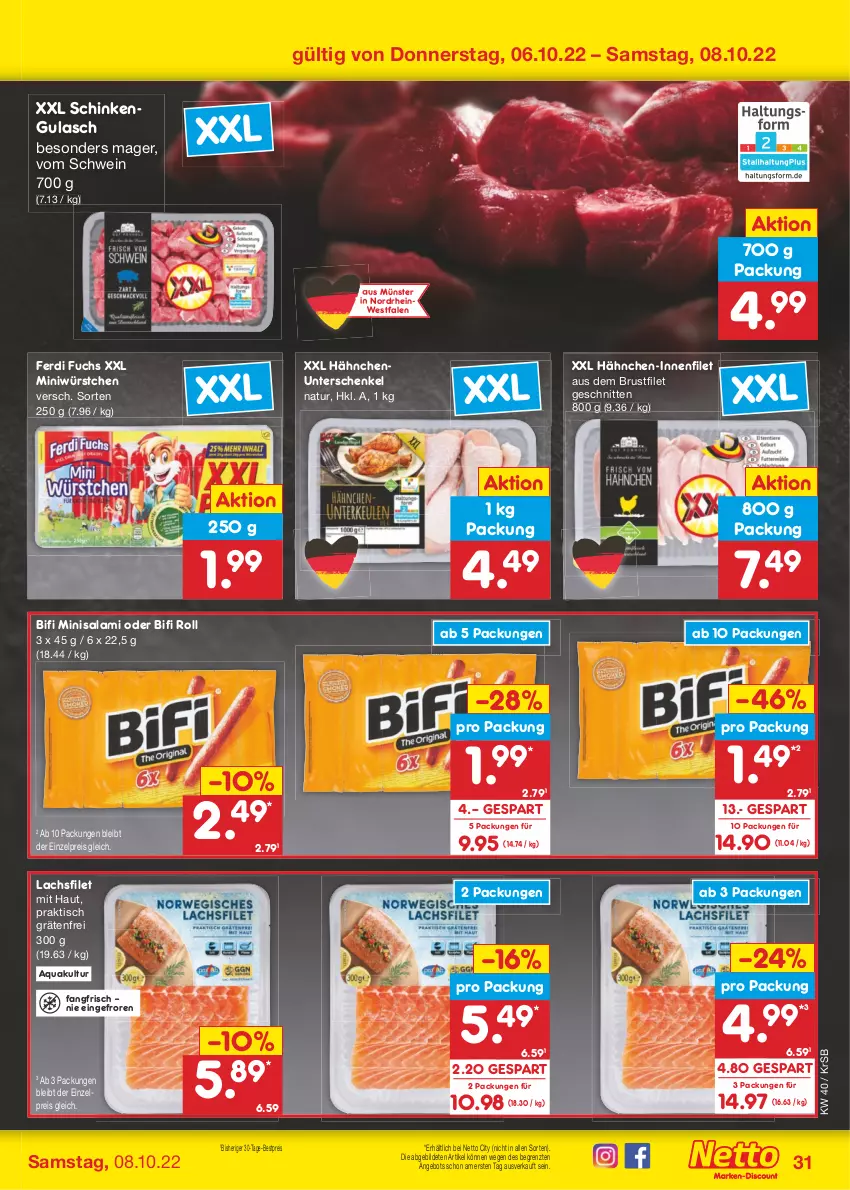 Aktueller Prospekt Netto Marken-Discount - Filial-Angebote - von 04.10 bis 08.10.2022 - strona 31 - produkty: angebot, aqua, bestpreis, bifi, brustfilet, eis, ferdi fuchs, filet, gulasch, henkel, lachs, lachsfilet, natur, reis, salami, schenkel, schinken, schnitten, schwein, Ti, tisch, wein, würstchen, ZTE