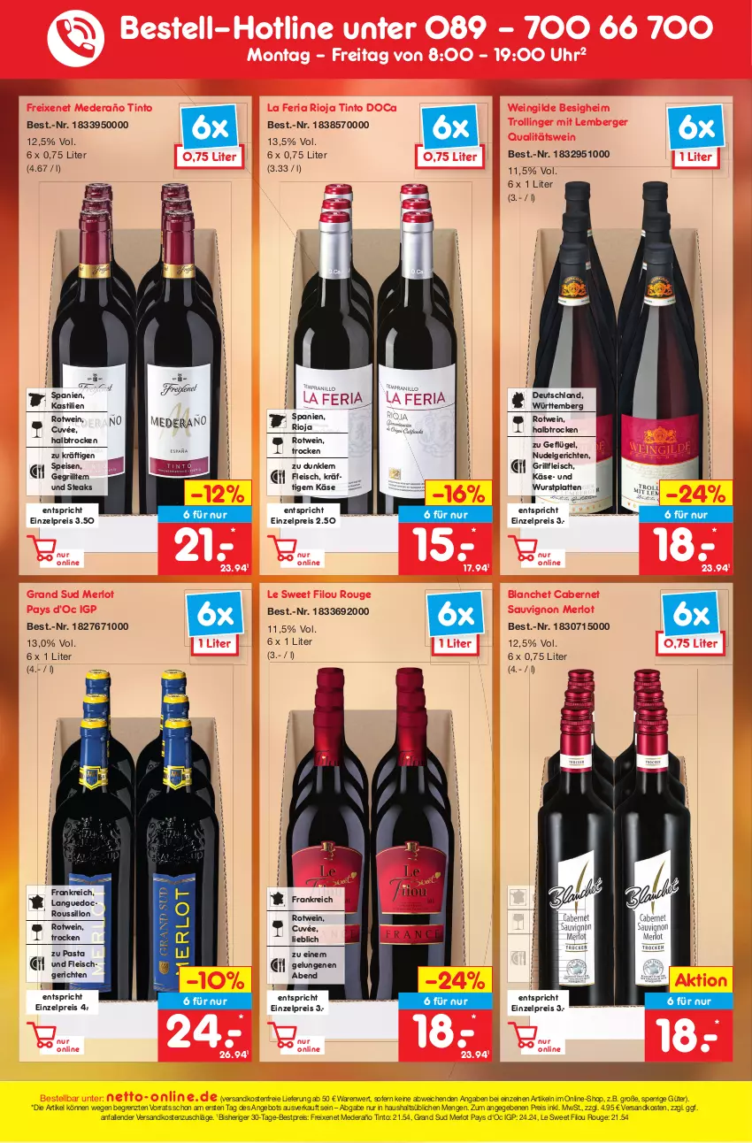 Aktueller Prospekt Netto Marken-Discount - Filial-Angebote - von 04.10 bis 08.10.2022 - strona 43 - produkty: angebot, asti, Berger, bestpreis, cabernet, cabernet sauvignon, cuvée, eis, fleisch, freixenet, Geflügel, grand sud, grill, Käse, latte, LG, merl, merlot, ndk, nudel, Nudelgericht, pasta, qualitätswein, reis, Ria, rioja, rotwein, rouge, sauvignon, steak, steaks, Ti, trolli, trollinger, uhr, versandkostenfrei, wein, Wild, wurst, ZTE