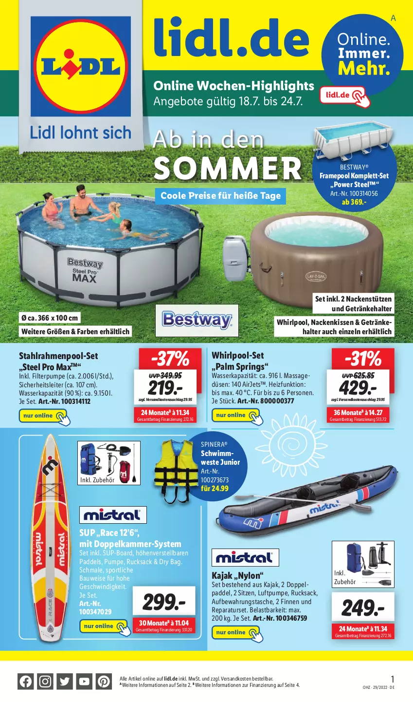 Aktueller Prospekt Lidl - Wochen-Highlights im Onlineshop - von 18.07 bis 24.07.2022 - strona 1 - produkty: angebot, angebote, aufbewahrungstasche, Bau, bestway, eis, getränk, getränke, getränkehalter, Kajak, kissen, nackenkissen, ndk, pool, reis, ring, rucksack, sac, Sport, steel pro, Tasche, tee, Ti, wasser, Weste, Whirlpool