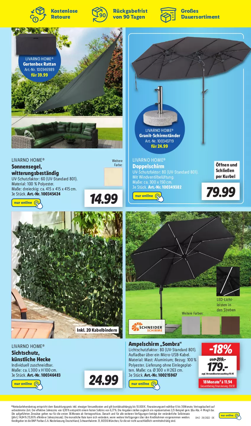 Aktueller Prospekt Lidl - Wochen-Highlights im Onlineshop - von 18.07 bis 24.07.2022 - strona 3 - produkty: ampelschirm, auer, eis, elle, erde, Garten, latte, led-licht, ndk, ombra, reis, Ria, schirmständer, sonnensegel, Ti, usb, uv-schutz