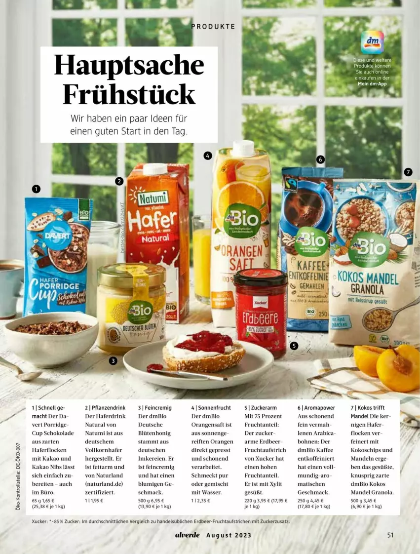 Aktueller Prospekt Dm Drogerie - Prospekte - von 01.08 bis 31.08.2023 - strona 51 - produkty: Alverde, aufstrich, bio, Blüte, blütenhonig, bohne, bohnen, chips, drink, erde, frucht, fruchtaufstrich, hafer, Haferdrink, haferflocken, honig, kaffee, kakao, kokos, korn, mac, mandel, mandeln, natur, natura, naturland, orange, orangen, orangensaft, pflanze, pflanzen, porridge, sac, saft, schoko, schokolade, Ti, tisch, wasser, zucker