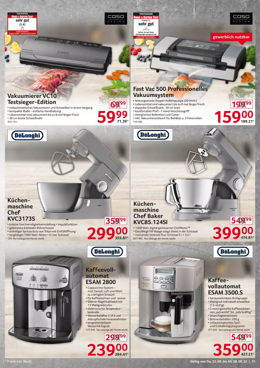 Aktueller Prospekt Selgros - Nonfood - von 22.09 bis 28.09.2022 - strona 11 - produkty: auto, Behälter, bohne, bohnen, Brei, bürste, Cap, cappuccino, cin, delonghi, edelstahl, eis, Elektro, kaffee, kaffeebohnen, küche, Küchen, lebensmittel, LG, milch, Rührschüssel, Schal, Schale, schlauch, schüssel, Spritzschutz, Ti, tisch, Vakuumierer, Waage, wasser