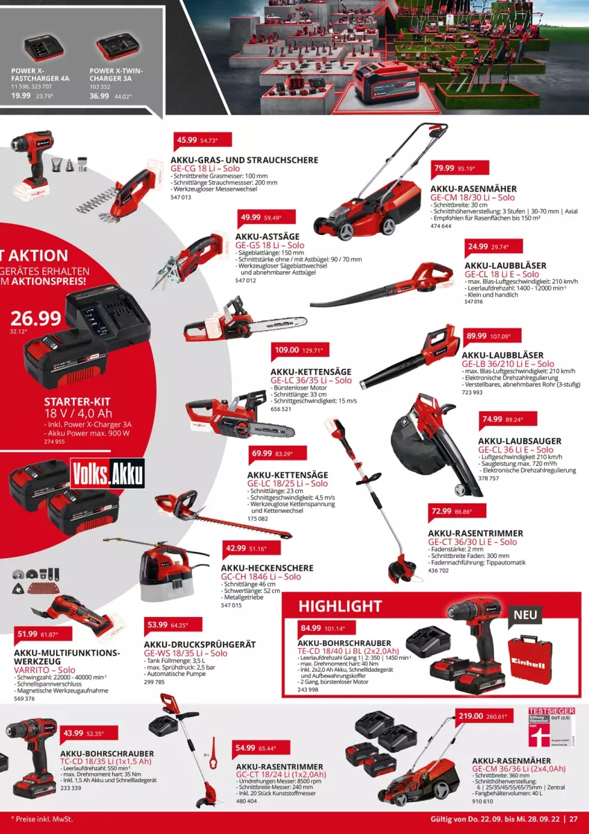 Aktueller Prospekt Selgros - Nonfood - von 22.09 bis 28.09.2022 - strona 27 - produkty: akku, aufbewahrungskoffer, auto, Behälter, Bohrschrauber, Brei, bügel, bürste, bürsten, eis, Elektro, heckenschere, Kette, koffer, ladegerät, LG, messer, rasen, rasenmäher, rasentrimmer, Rauch, rwe, säge, Schere, schnellladegerät, senf, Strauchschere, tee, Ti, tisch, werkzeug