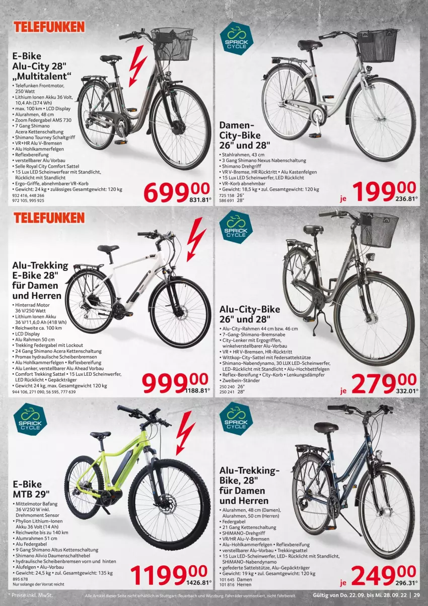 Aktueller Prospekt Selgros - Nonfood - von 22.09 bis 28.09.2022 - strona 29 - produkty: acer, akku, Bau, bett, E-Bike, elle, felgen, gabel, hochbett, Kette, korb, LG, lion, nabendynamo, nexus, promax, rücklicht, sattel, sattelstütze, Schal, shimano, tee, telefunken, Ti