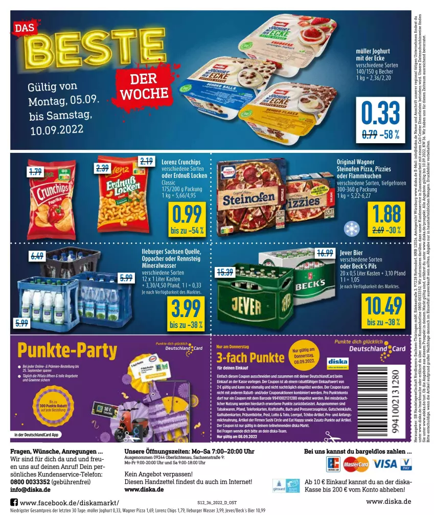 Aktueller Prospekt Diska - Prospekte - von 05.09 bis 10.09.2022 - strona 12 - produkty: Alwa, angebot, angebote, bett, Betten, bier, buch, burger, chips, coupon, deka, deutschlandcard, eis, elle, ente, erde, gin, gutschein, jever, joghur, joghurt, kraft, lorenz, mineralwasser, Müller, Ofen, original wagner, pils, pizza, reis, sac, steinofen, steinofen pizza, tee, telefon, Ti, uhr, wagner, wasser, ZTE