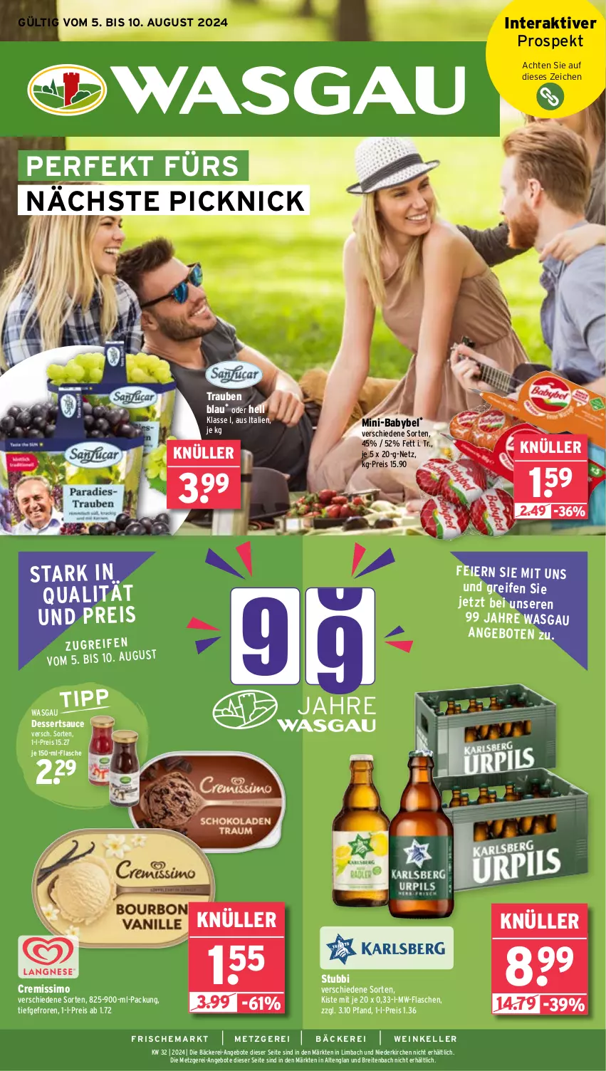 Aktueller Prospekt Wasgau - von 05.08 bis 10.08.2024 - strona 1 - produkty: angebot, angebote, babybel, Brei, cremissimo, dessert, desserts, dessertsauce, eier, eis, elle, flasche, mw-flasche, reifen, reis, sauce, sim, Ti, trauben, wein