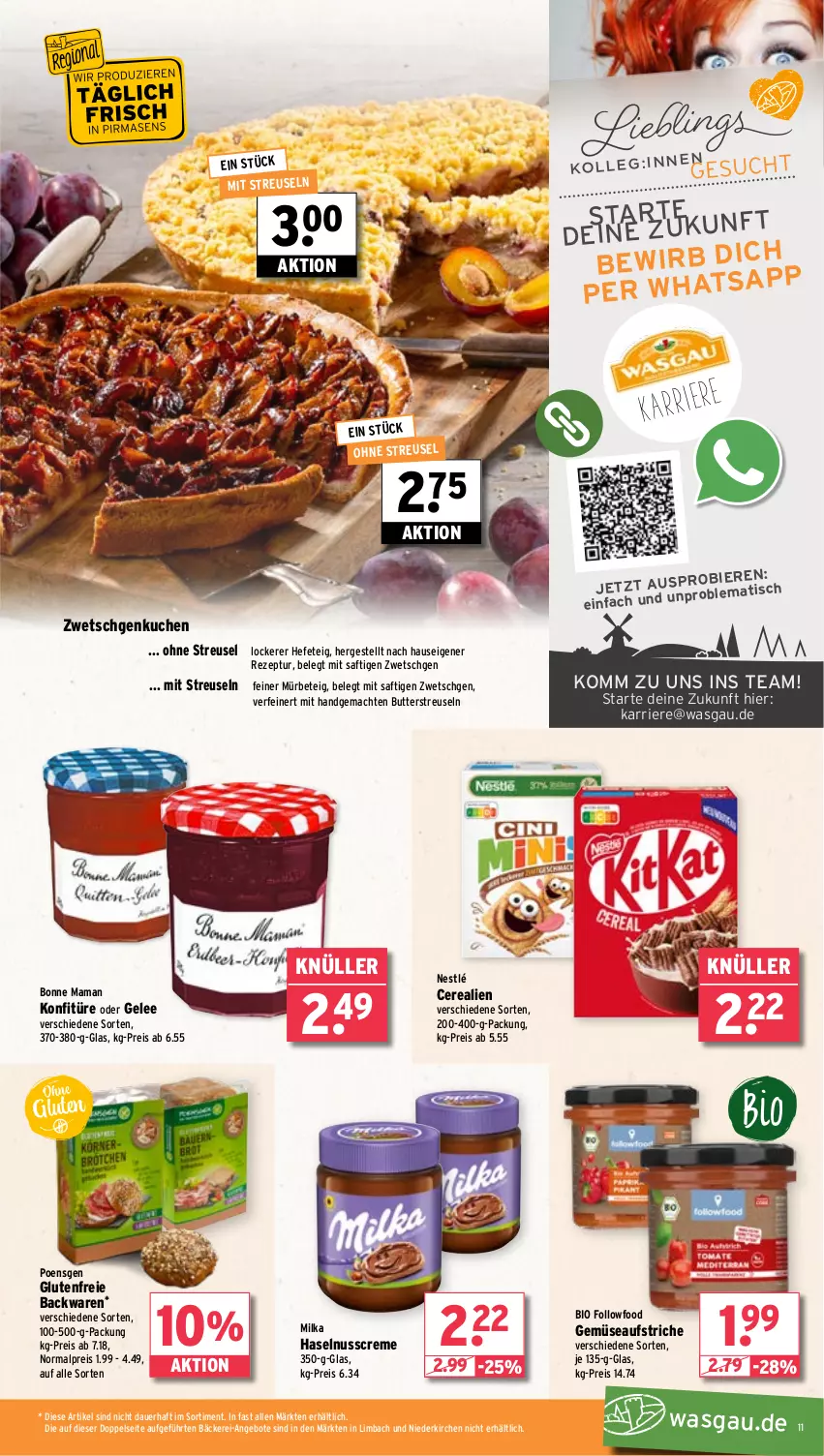 Aktueller Prospekt Wasgau - von 05.08 bis 10.08.2024 - strona 11 - produkty: angebot, angebote, auer, aufstrich, backwaren, bier, Biere, bio, bonne maman, butter, cerealien, creme, eis, gelee, haselnuss, Haselnusscreme, Hefe, konfitüre, kuchen, mac, mam, milka, nestlé, nuss, reis, rezept, saft, Ti, tisch