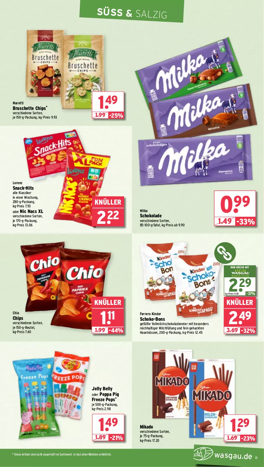 Aktueller Prospekt Wasgau - von 05.08 bis 10.08.2024 - strona 15 - produkty: auer, beutel, Bruschette, chio chips, chips, eier, eis, ferrero, Kinder, lorenz, mikado, milch, milka, milka schokolade, Peppa Pig, reis, salz, schoko, schoko-bons, schokolade, schokoladen, snack, Ti, vollmilch