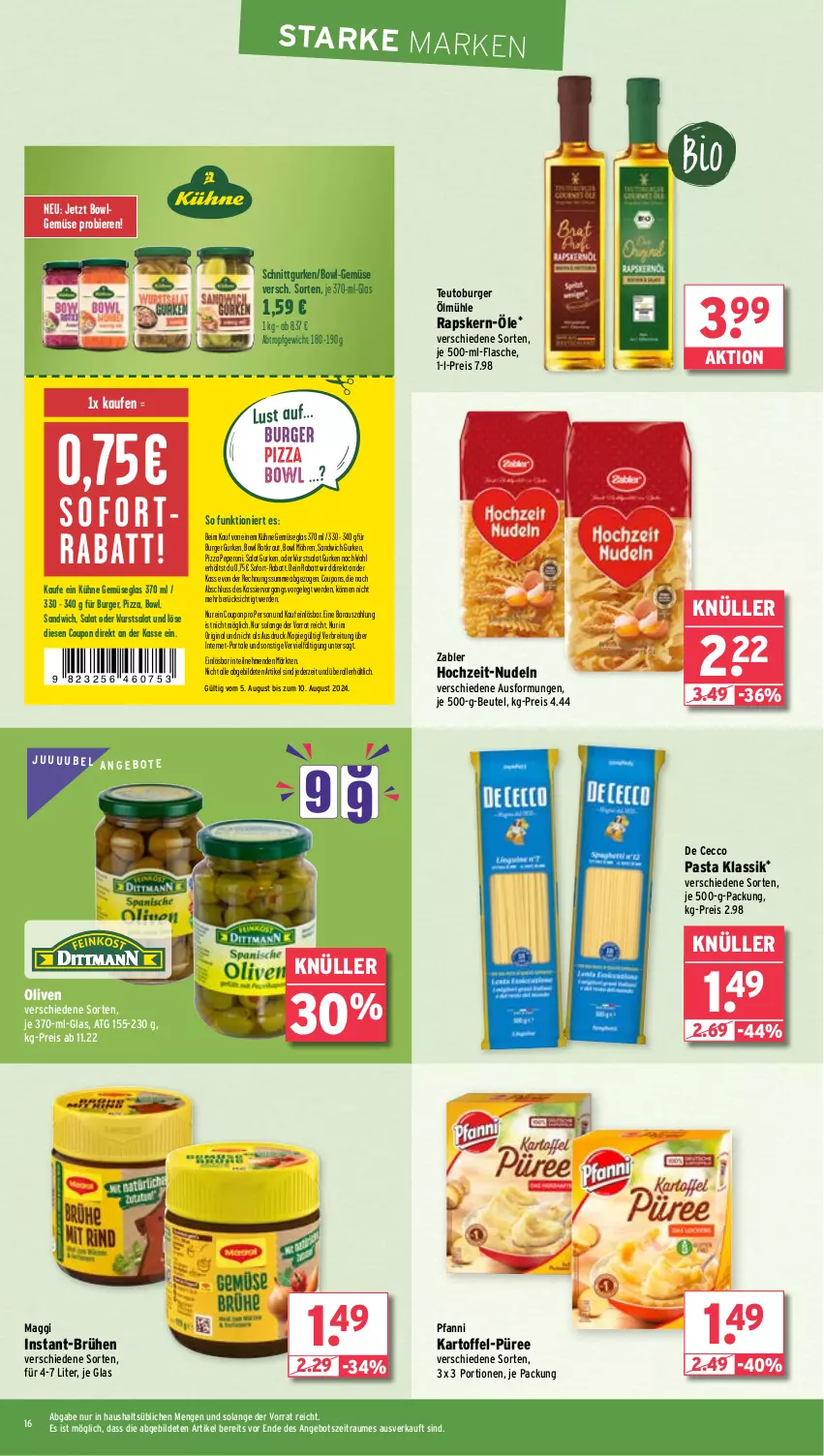 Aktueller Prospekt Wasgau - von 05.08 bis 10.08.2024 - strona 16 - produkty: angebot, angebote, beutel, bier, Biere, Brei, Brühe, burger, coupon, coupons, De Cecco, ecco, eis, erde, flasche, gin, gurke, gurken, je 500-ml-flasche, kartoffel, Kraut, Kühne, LG, maggi, möhren, nudel, nudeln, olive, oliven, pasta, peperoni, Peroni, pfanni, pizza, püree, reis, salat, sandwich, sofort-rabatt, Ti, wurst, Zabler