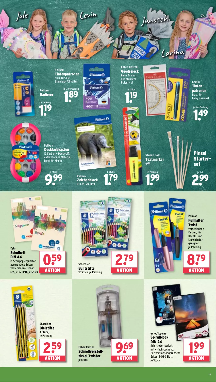 Aktueller Prospekt Wasgau - von 05.08 bis 10.08.2024 - strona 19 - produkty: Bleistift, bleistifte, boss, buntstifte, deckfarbkasten, din a4, eis, faber castell, Füllhalter, Janosch, Kinder, papier, pelikan, Pinsel, reis, Ria, stabilo, staedtler, stifte, textmarker, Ti, Tintenpatrone, Yo, zeichenblock