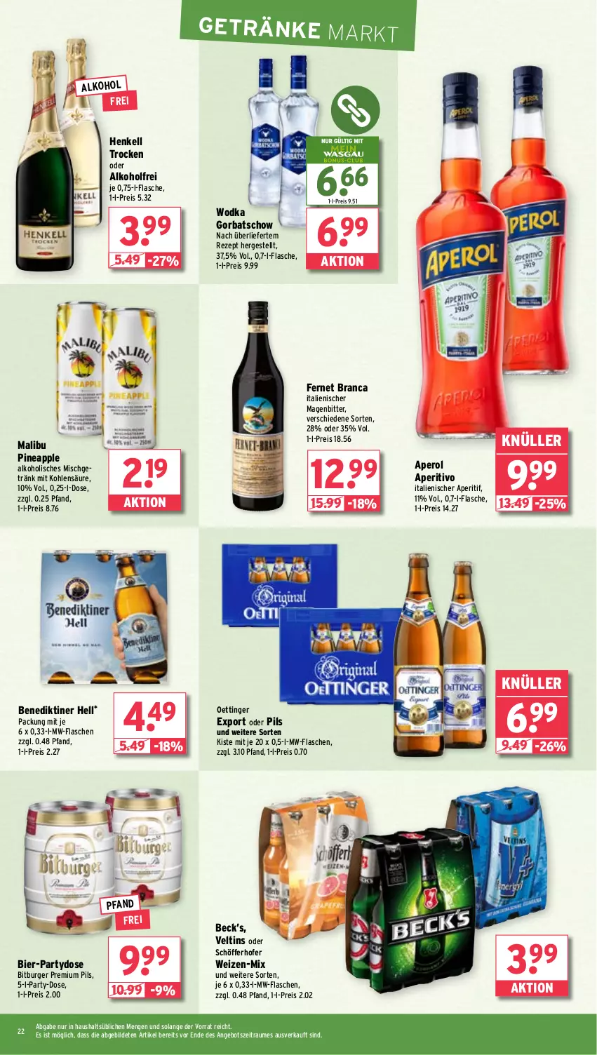 Aktueller Prospekt Wasgau - von 05.08 bis 10.08.2024 - strona 22 - produkty: alkohol, angebot, aperitif, aperol, Apple, Benediktiner, bier, bitburger, burger, eis, Fernet, fernet branca, flasche, getränk, getränke, Gorbatschow, henkel, henkell, Henkell Trocken, Malibu, mw-flasche, oettinger, pils, premium pils, reis, rezept, schöfferhofer, Ti, veltins, wodka